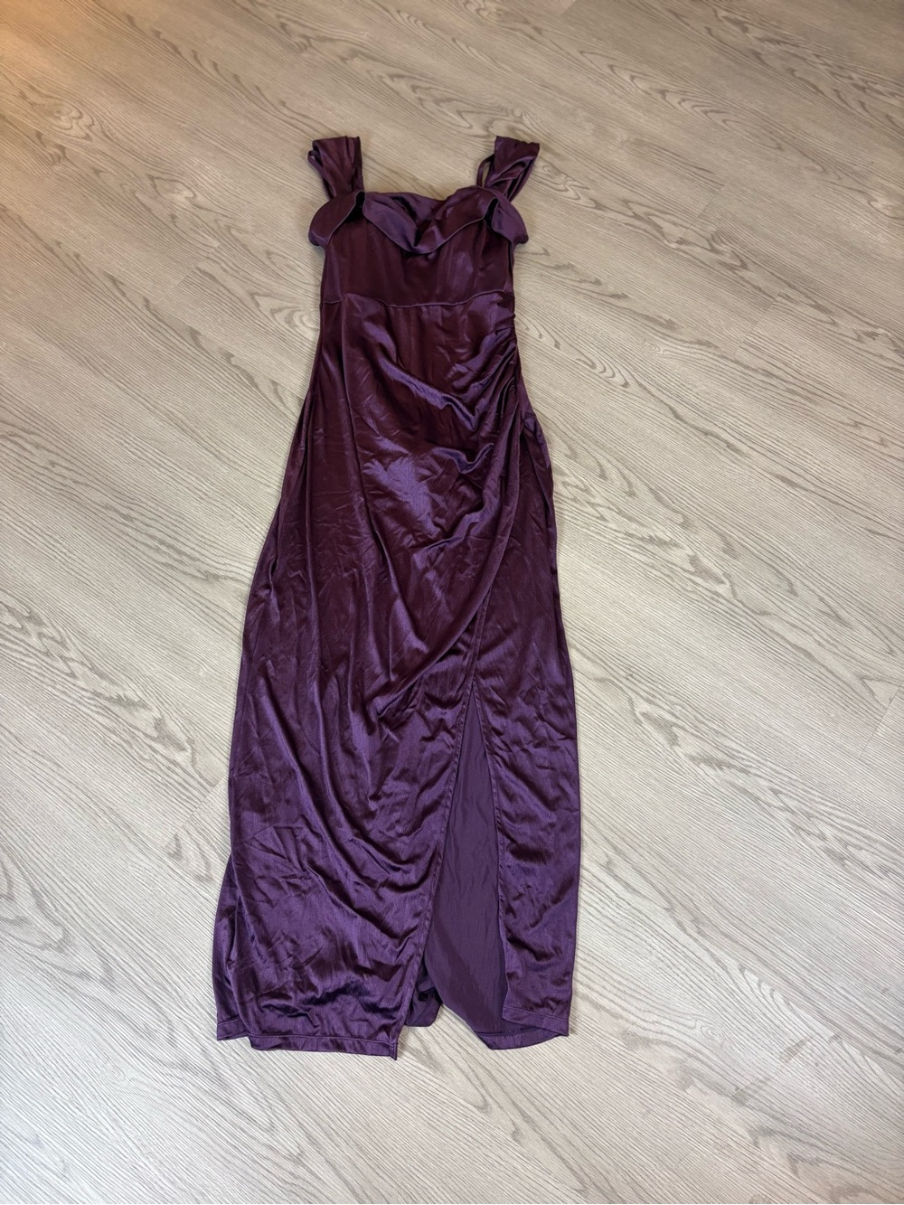 Twist-Shoulder Plum Satin Maxi Dress